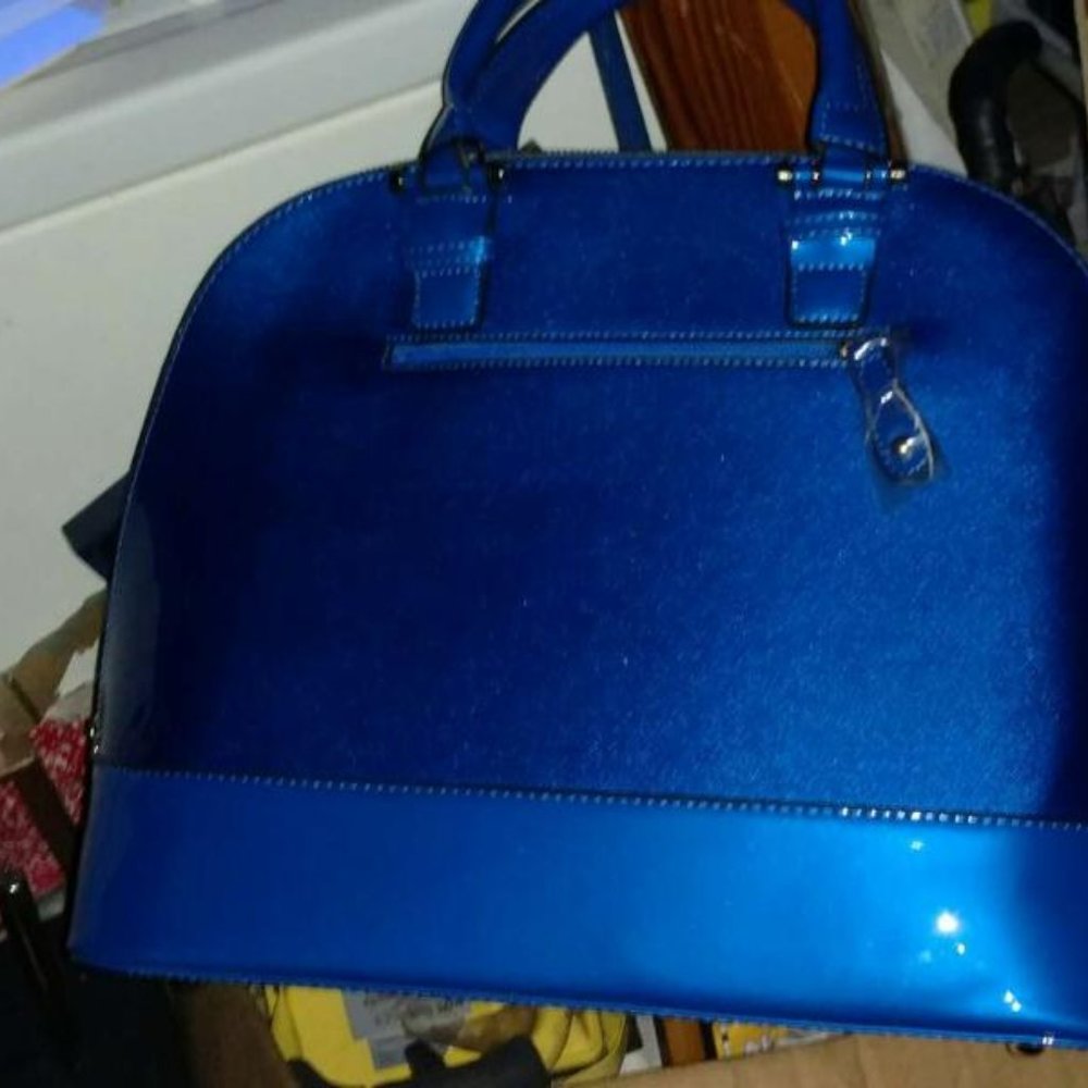 Large vegan shiny blue handbag